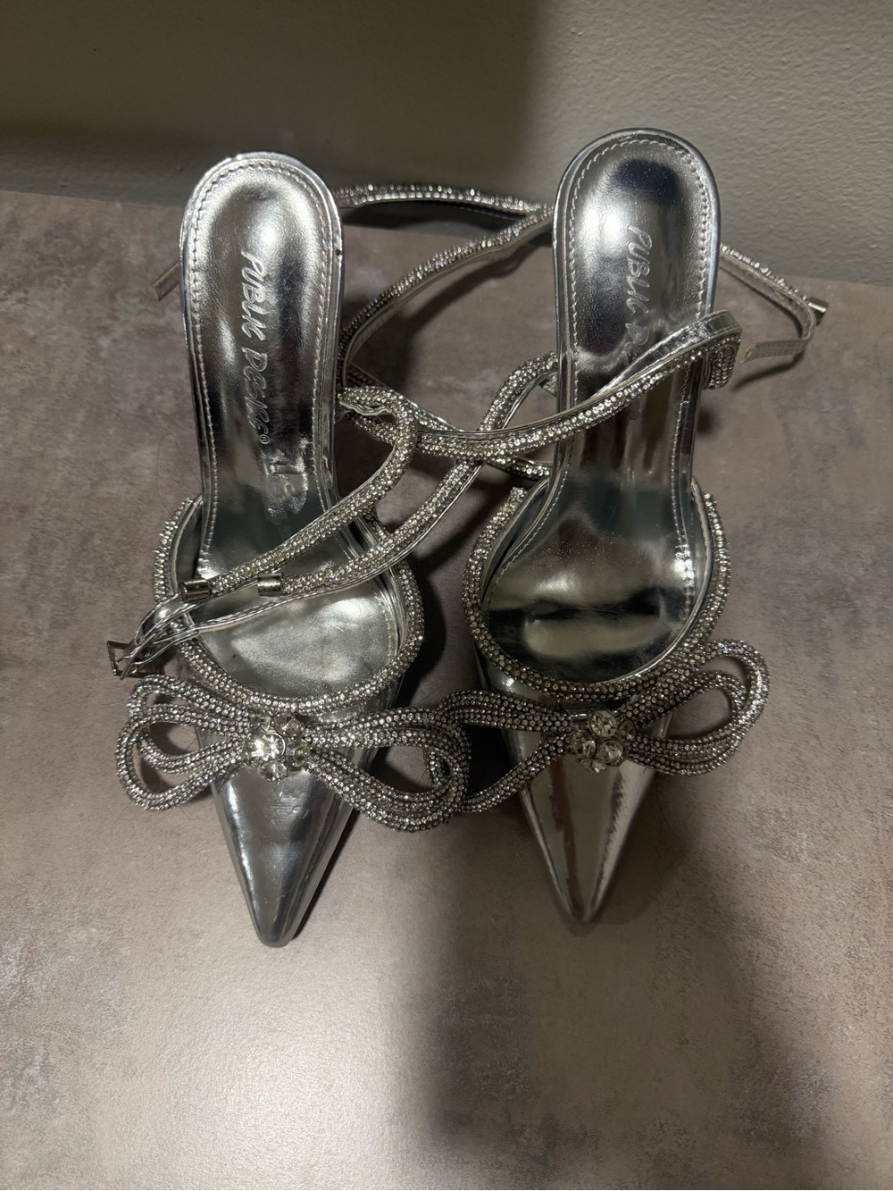 Silver Crystal-Embellished Pointed Toe Slingback Heels